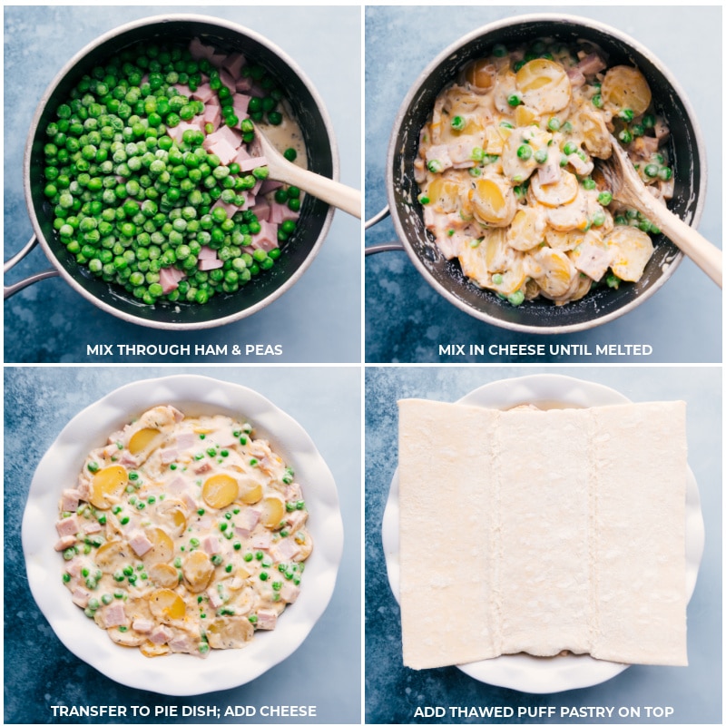 Process shots--Adding the ham and peas to the potato cream mixture and then transferring it all to a pie dish, and finally placing the thawed puff pastry on top