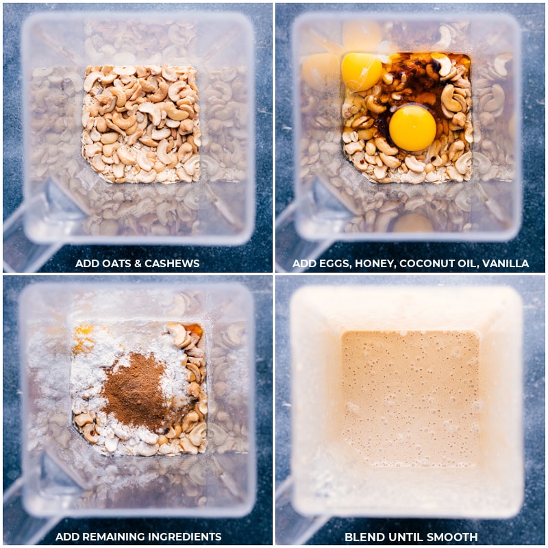 Process shots-- images of the oat cashews, eggs, honey, coconut oil, vanilla, baking agents, and spices being added to the blender and blended together