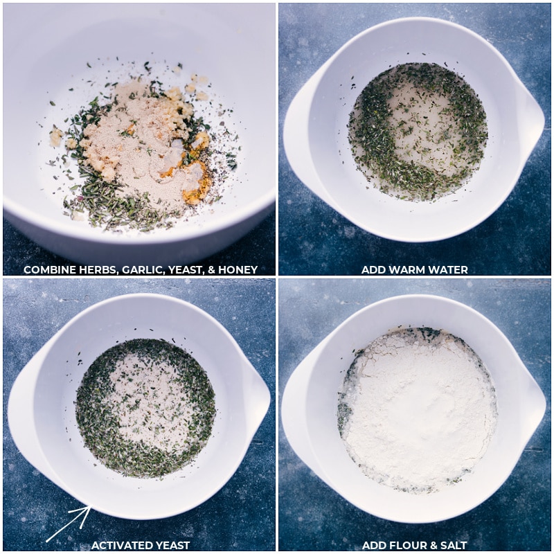 Process shots-- images of the herbs, garlic, yeast, honey, warm water, yeast, flour, and salt being added to a bowl