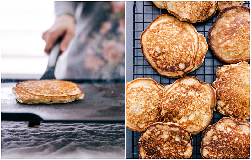 Image of Homemade Pancakes on the griddle and then on the cooling rack.