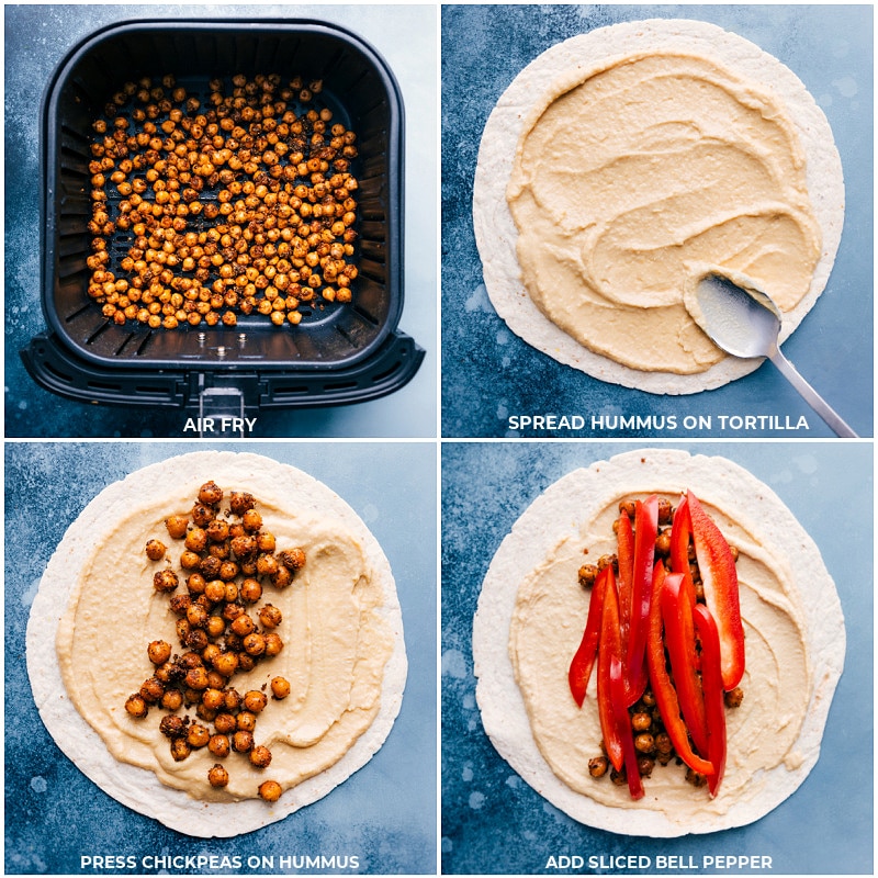 Process shots--chickpeas in the air fryer; adding hummus to the tortillas; adding the chickpeas and bell peppers