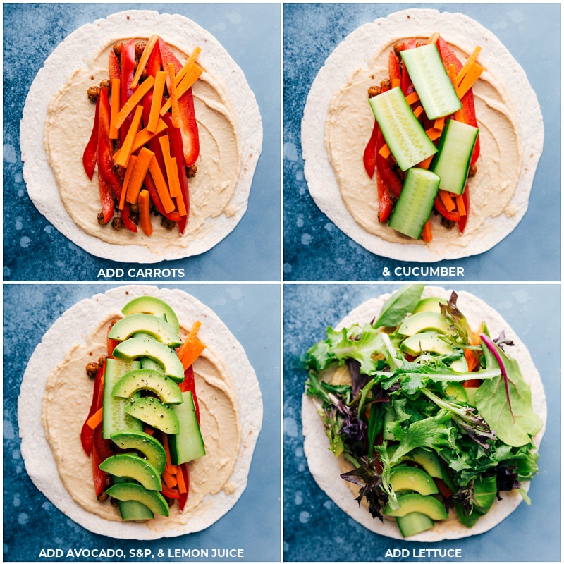 Process shots-- layers of carrots, cucumbers, avocados, and lettuce on the tortillas for these Hummus Wraps