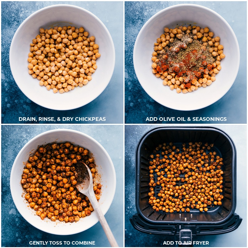 Process shots-- tossing chickpeas with seasonings; adding to the air fryer