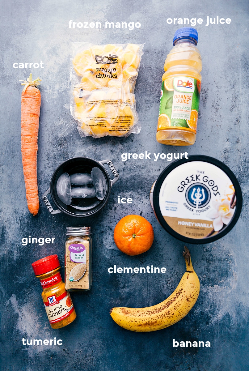 Overhead view of the various ingredients for Immune-Boosting Smoothies.