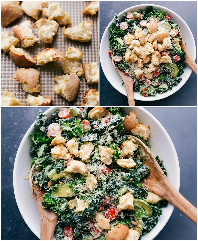 Process shots-- images of the homemade croutons being made and then added to the salad.