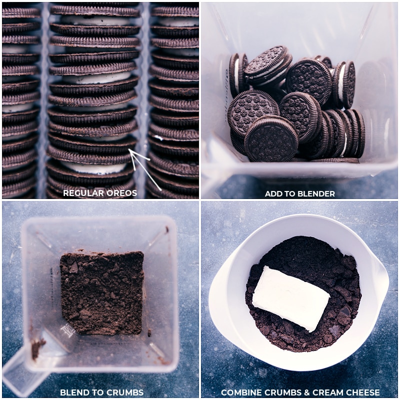 Process shots-- images of the oreo being crushed and then cream cheese being added