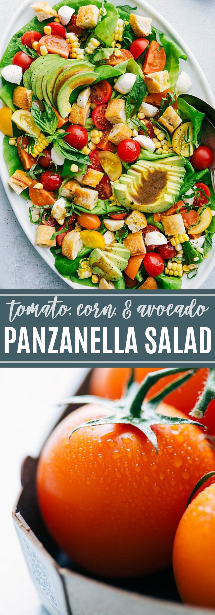 The best simple panzanella salad with lots of fresh veggies and a delicious balsamic dressing chelseasmessyapron.com #salad #panzanella #tomato #corn #basil #avocado #bread #sourdough #balsamic #dressing #healthy #easy #kidfriendly #quick #dinner