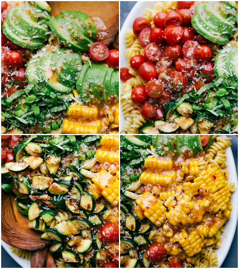 Up-close shots of all the components of this salad: avocados, tomatoes, zucchini, and corn.