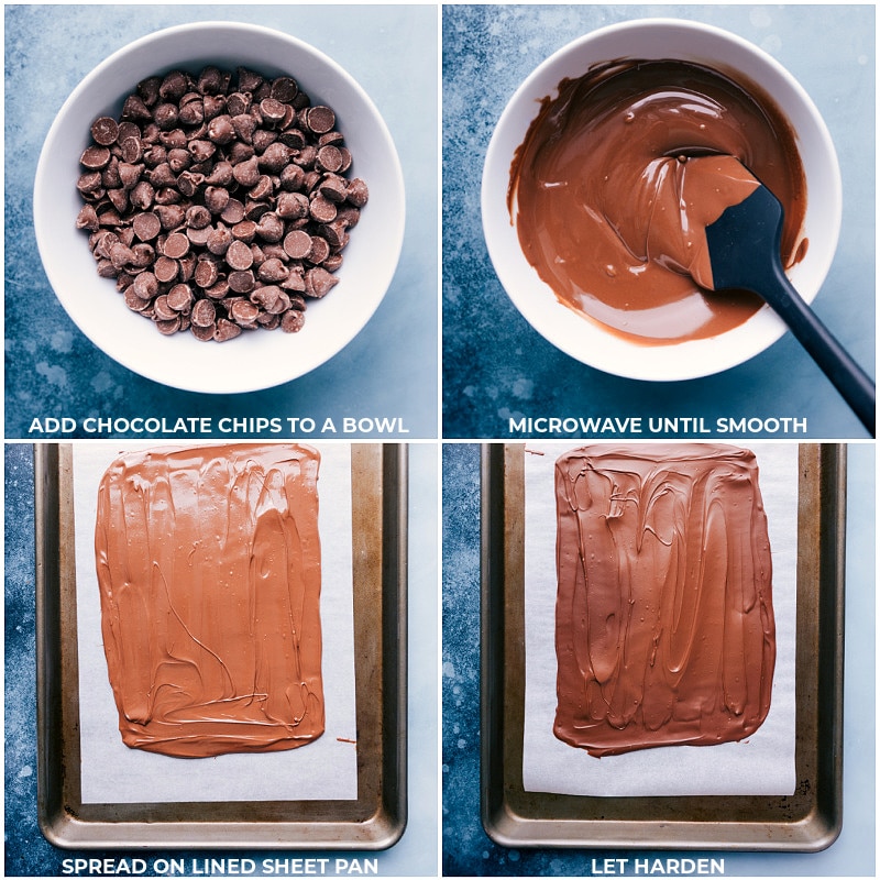Process shots: melting chocolate and smoothing it onto a sheet pan