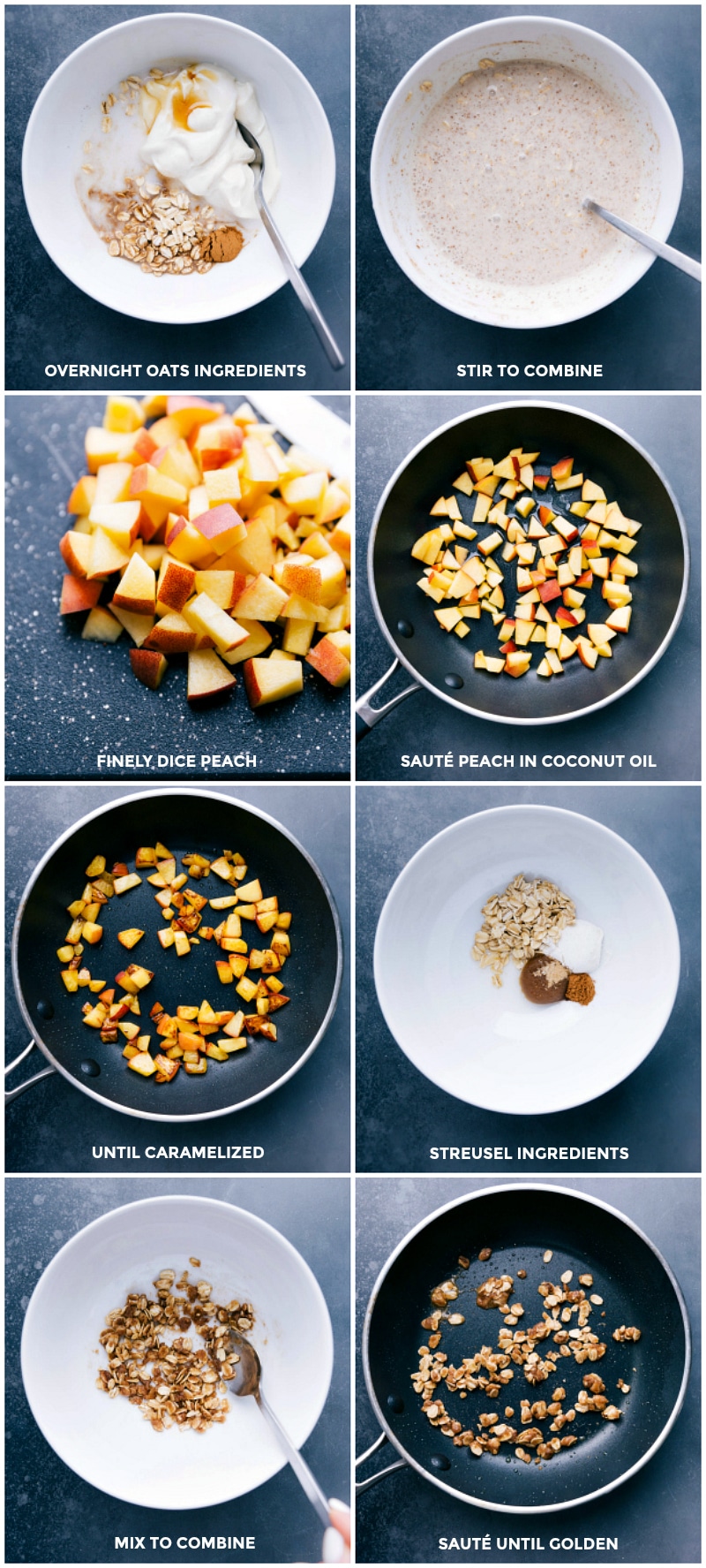 Process shots-- images of all the ingredients being mixed together for Peach Overnight Oats; the fresh peaches being caramelized; and the streusel being prepared.