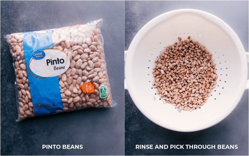 Two views of the dried pinto beans used in this recipe.