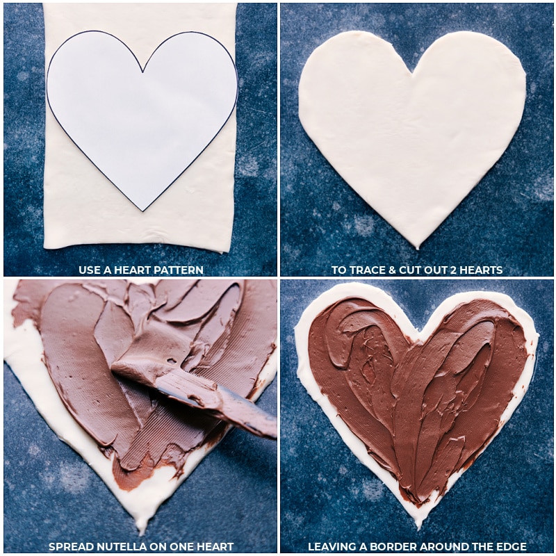 Images showing a heart-shaped template for the dessert, and spreading frosting over one of the hearts, sandwich style.