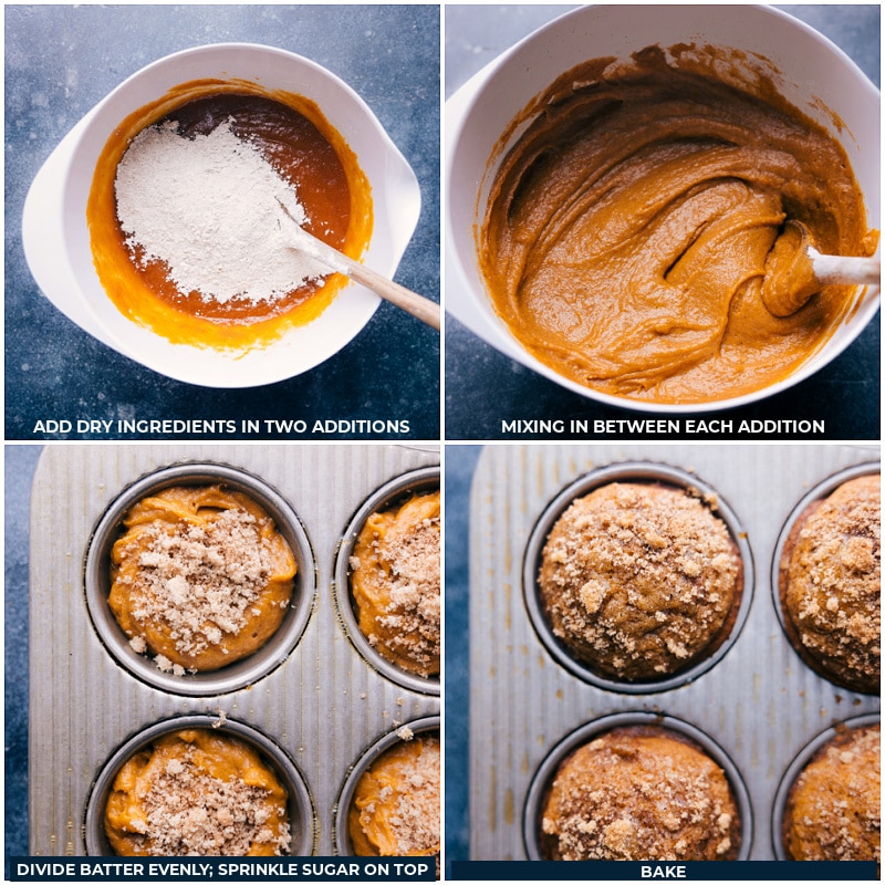 Process shots of pumpkin muffins-- images of the batter being added to the prepared pans and it all being baked