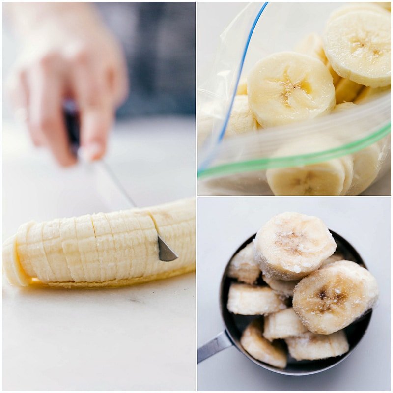 Process shot-- image of the bananas being cut up and prepped then frozen for this shake.