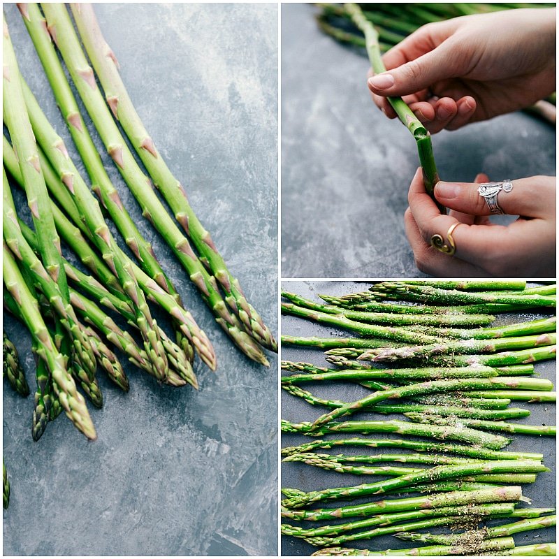 View of asparagus spears, demonstrating how to remove woody stems, and showing them sprinkled with seasonings.