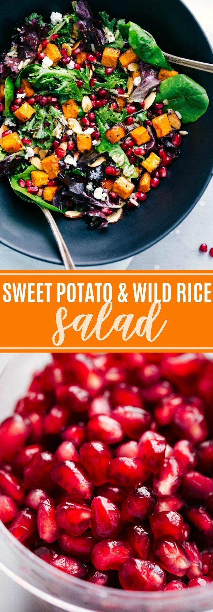 The BEST roasted sweet potato and wild rice salad | chelseasmessyapron.com | #sweetpotato #wildrice #salad #thanksgiving #fall #health #healthy #lemon #dressing #best #popular #easy #quick #pomegranate #almond #cheese #kidfriendly