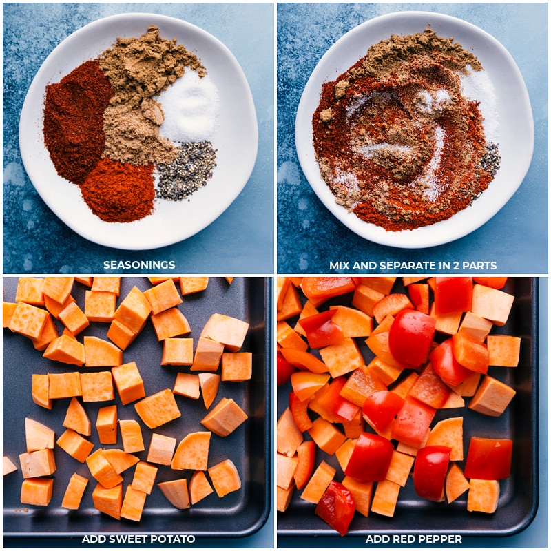 Process shots-- images of the seasoning mix being prepped; the sweet potatoes and red peppers being added to a tray