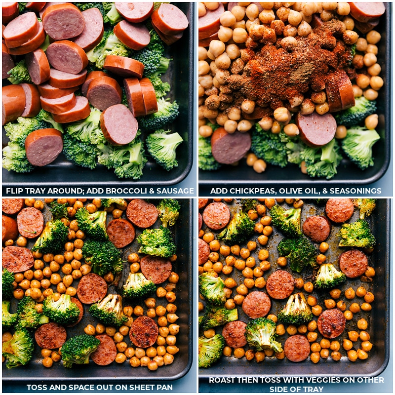 Process shots-- images of the broccoli, sausage, chickpeas, and seasonings being added to the sheet pan for this Sausage and Chickpeas recipe.