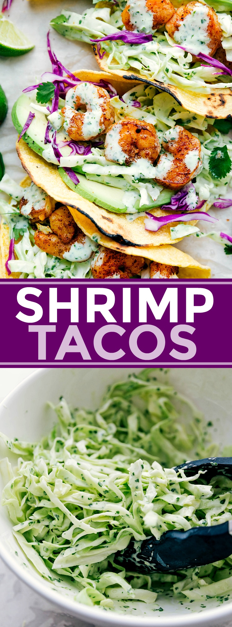 Perfectly seasoned shrimp with cilantro-lime slaw and fresh avocado all packed in a tortilla. These shrimp tacos can be ready in 30 minutes or less! (Plus, prep ahead tips!) via chelseasmessyapron.com #shrimp #taco #easy #quick #healthy #fast #recipe #meal #cilantro #lime #avocado #guacamole #tacos