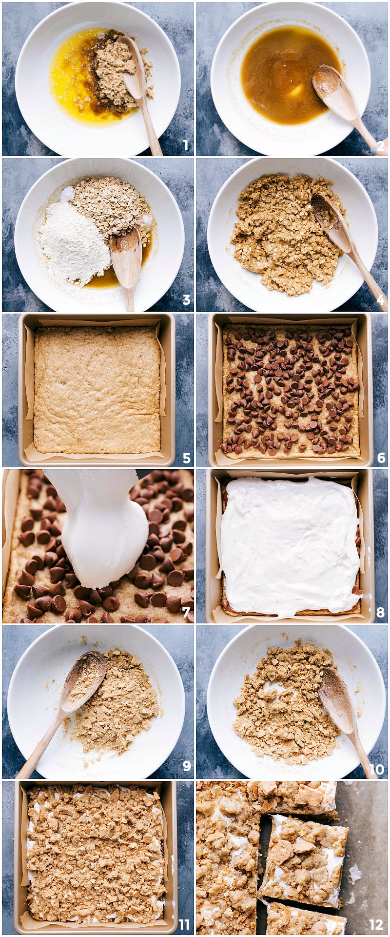 Process shots-- images of cookie layer being made and then put in the prepared pan, then baked, and the chocolate chips and Marshmallow Fluff being added on top. Then images of the crumble topping being put on top and baked ready to be eaten. And finally a finished shot of the s'mores cookie bars.