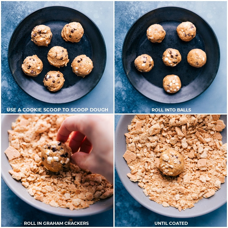 Process shots: rolling the dough into balls and coating with graham cracker crumbs for these S'mores Energy Bites