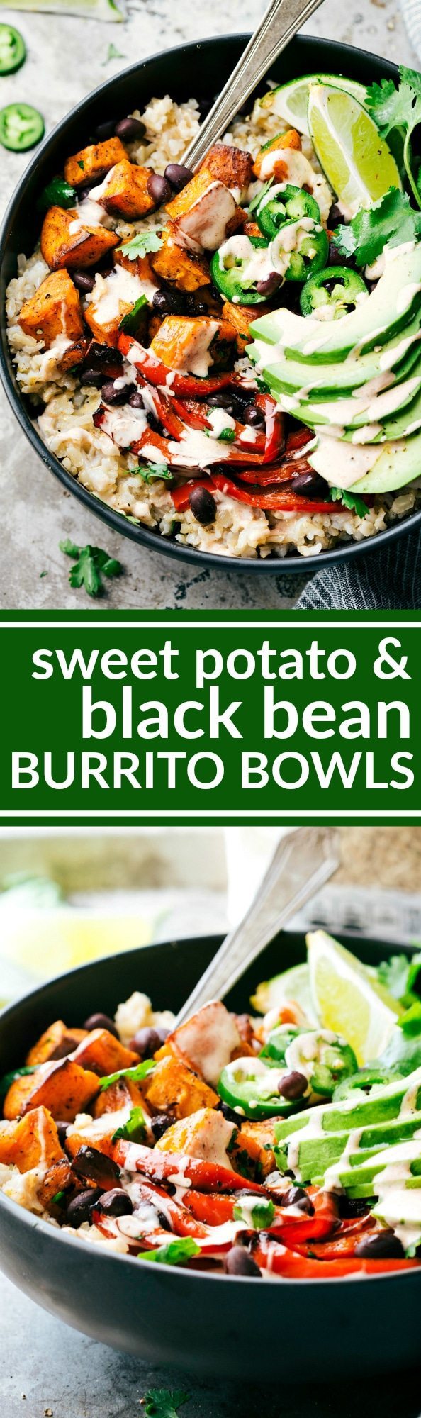 SWEET POTATO BURRITO BOWLS! A delicious and simple to make veggie black bean burrito bowls -- brown rice, seasoned & roasted sweet potatoes + bell peppers, black beans, and avocado with the most incredible chipotle lime sauce. via chelseasmessyapron.com