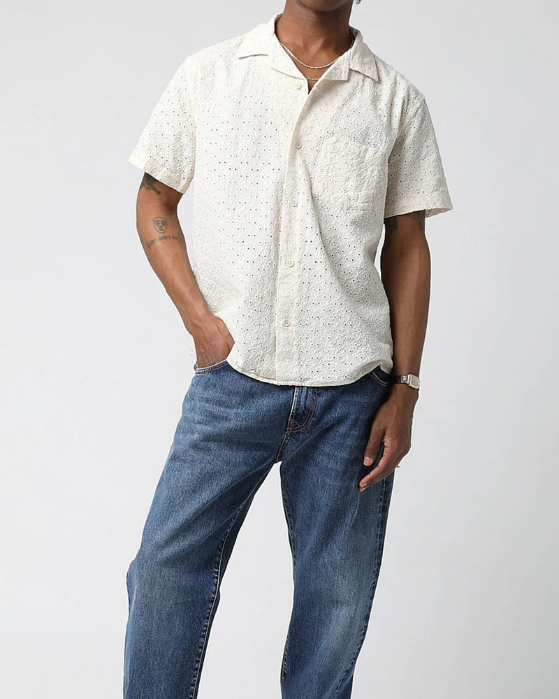 FLORAL EYELET SS SHIRT - NATURAL