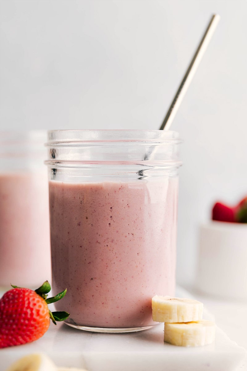 Up-close shot of a finished Strawberry Banana Smoothie.