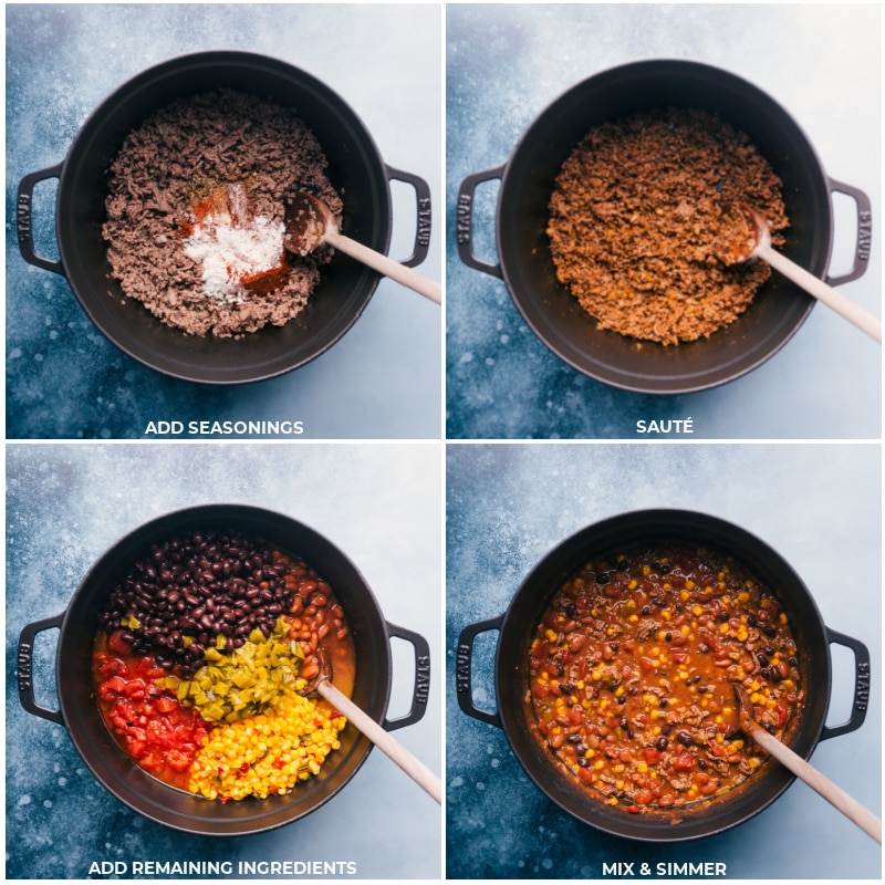 Process shots of Taco Chili-- Adding seasonings to the pan, along with remaining ingredients and then simmering.