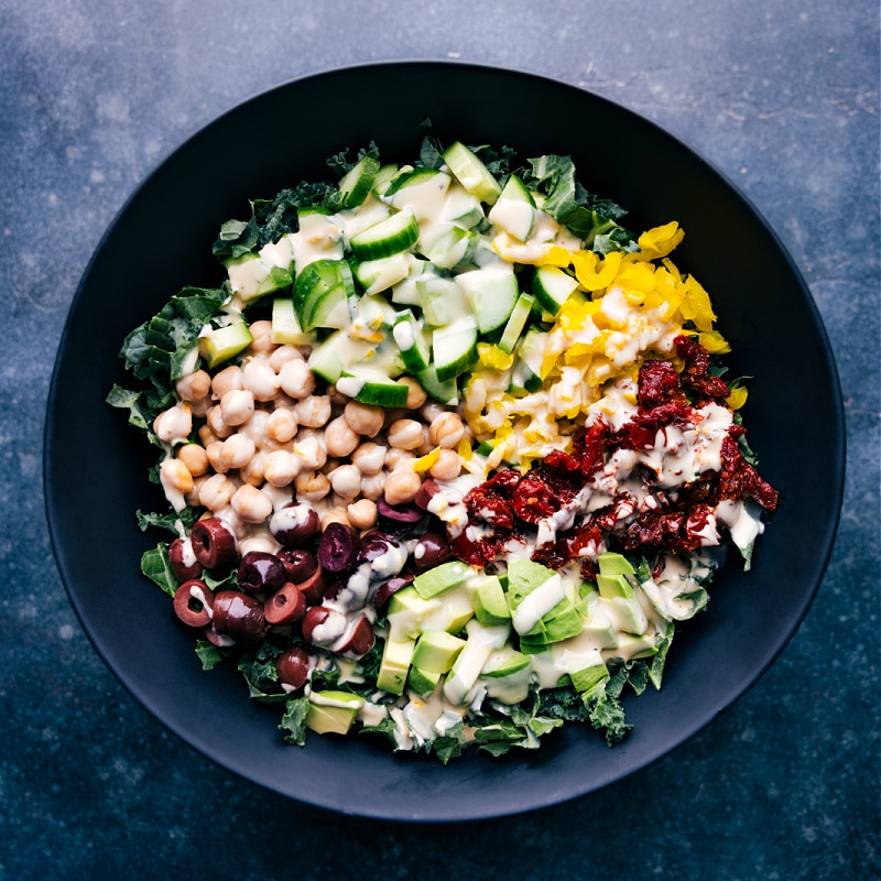 Overhead image of a dressed salad with Tahini Dressing