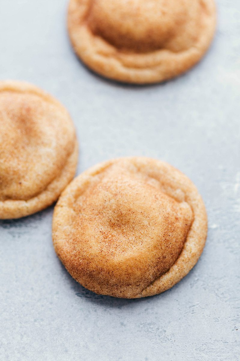 Up-close photo of freshly baked Snickerdoodles.