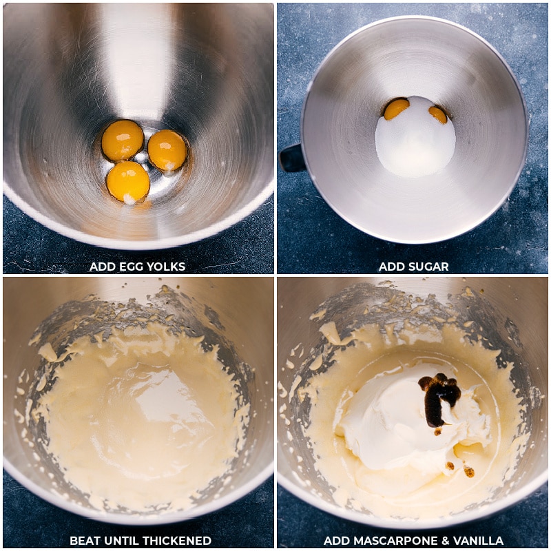 Process shots of making Tiramisu-- images of the egg yolks and sugar being beat together and then mascarpone and vanilla being added