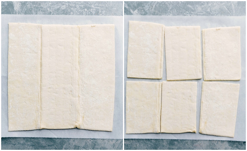 Process shot-- Image of the puff pastry sheet being cut up into 6 slices for these homemade Toaster Strudels.