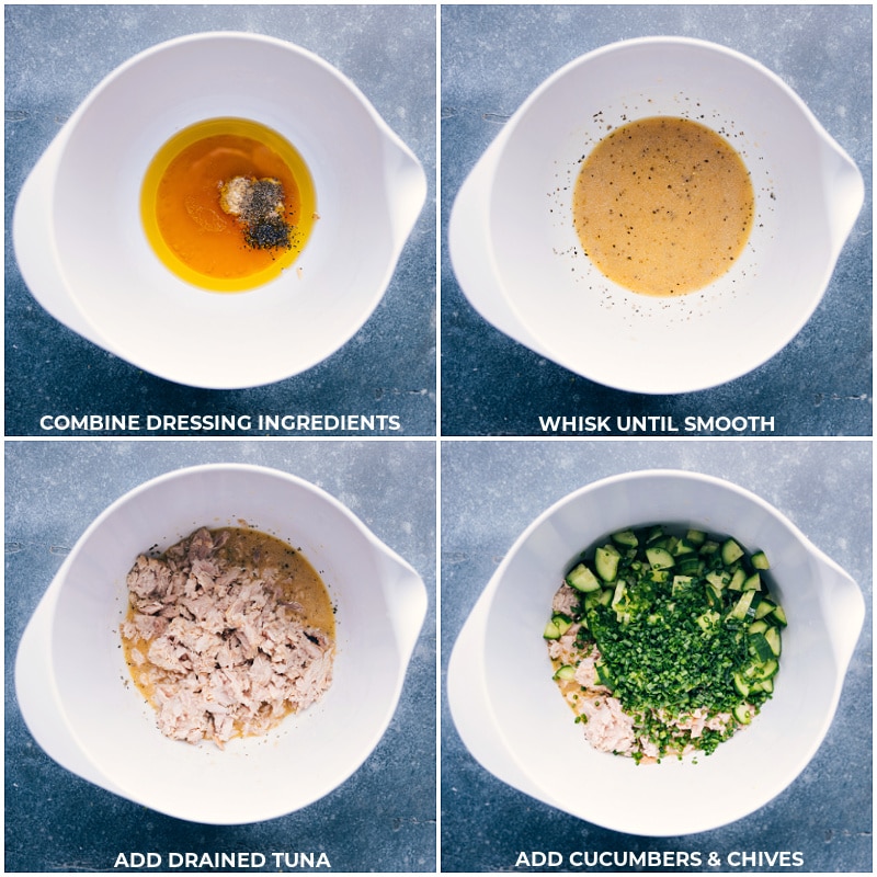 Process shots-- images of the dressing ingredients being mixed together and then the tuna, cucumbers, and chives being added in