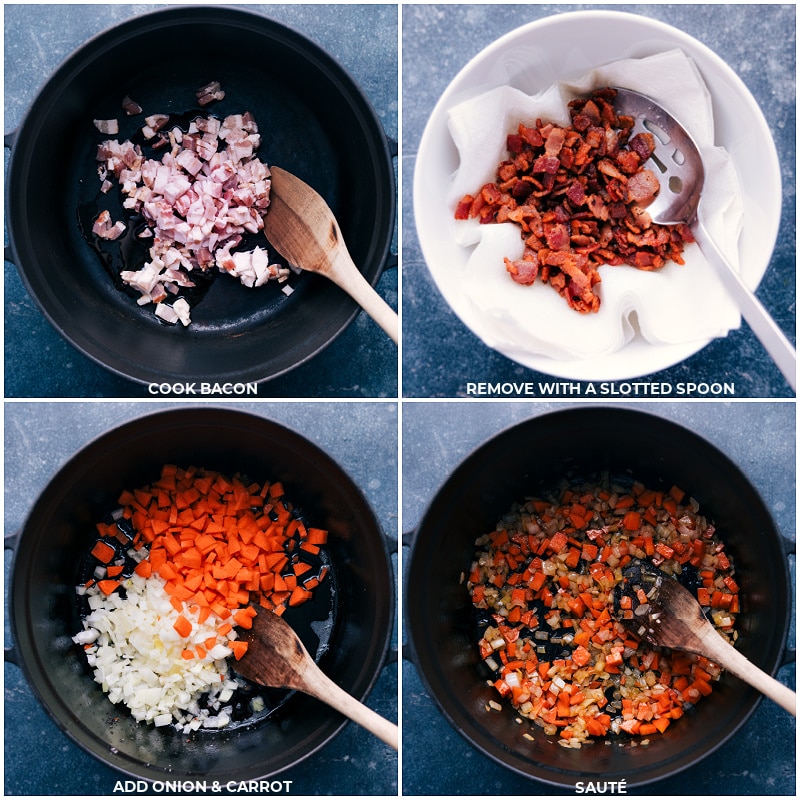 Process shots-- images of the bacon being cooked and then onion and carrot being sautéed
