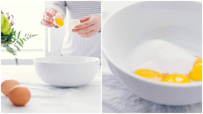 Step-by-step process shots to making Crème Brûlée:- separating the eggs and adding the sugar.
