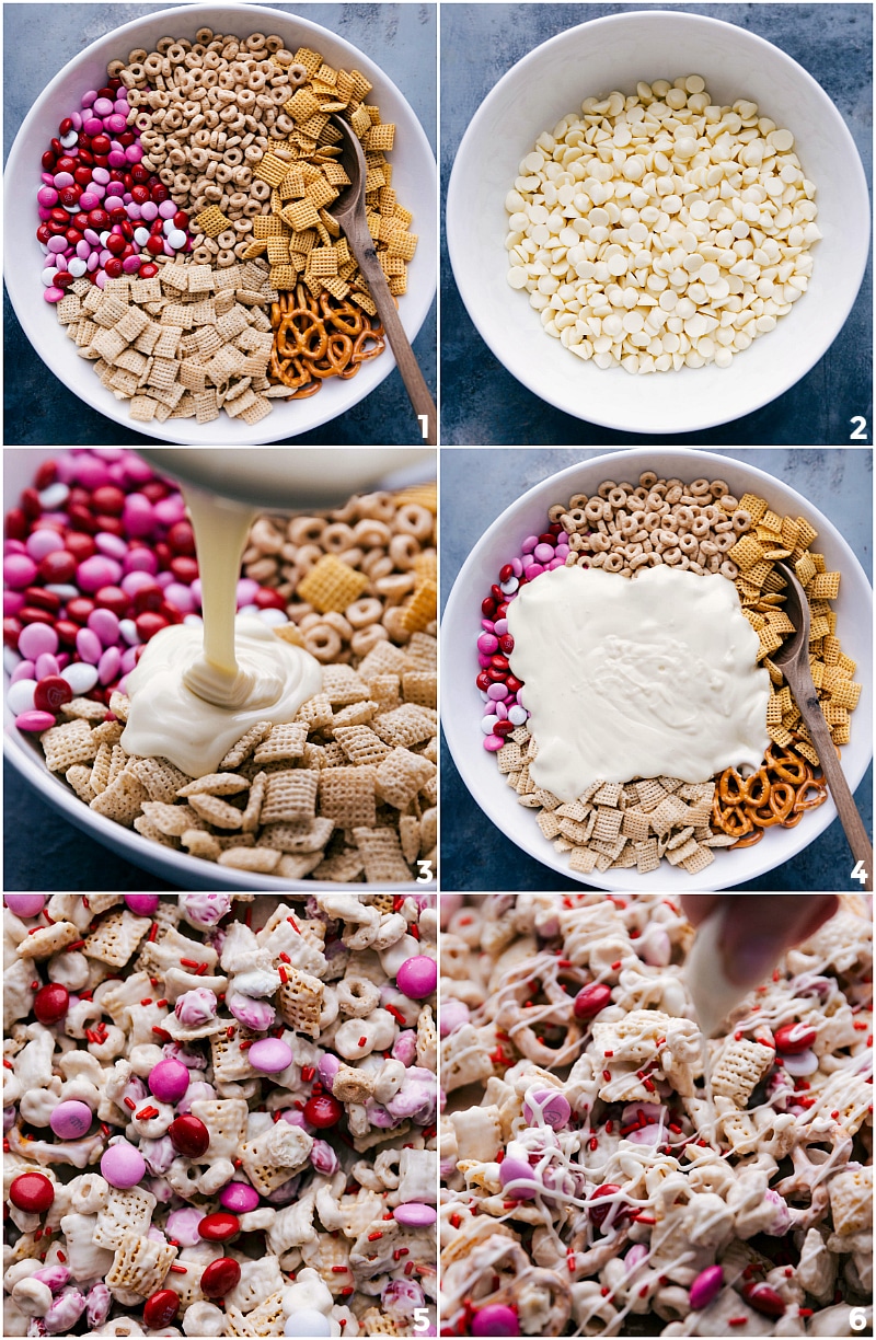 Process shots-- images of Valentine Snack Mix being prepared.