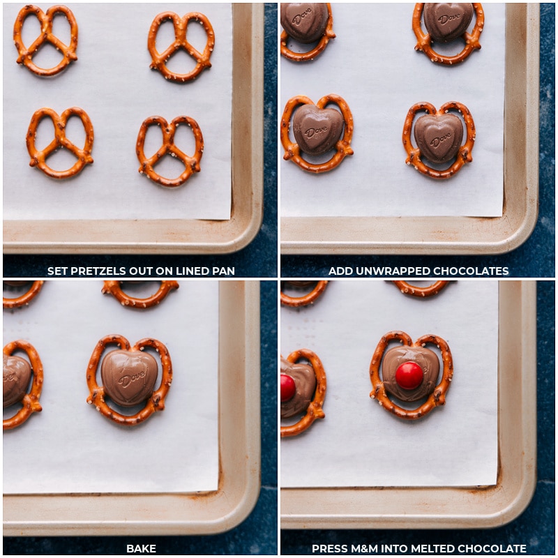 Process shots: Pretzels placed on a lined pan; chocolate added; pan is baked; chocolates are topped with red candies.