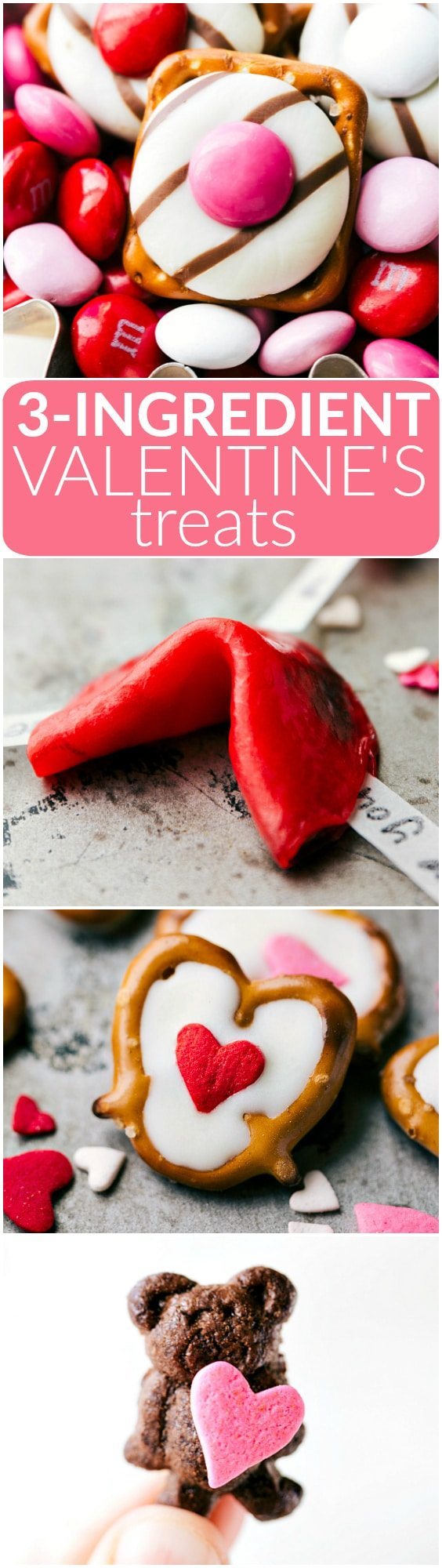 4 simple to make Valentine's Day Treats: heart hugs pretzels, love fortune cookies, mini Valentine bear holding a heart, and white chocolate heart pretzels. Each recipe requires 3 ingredients or less to make! Video tutorial included! Via chelseasmessyapron.com