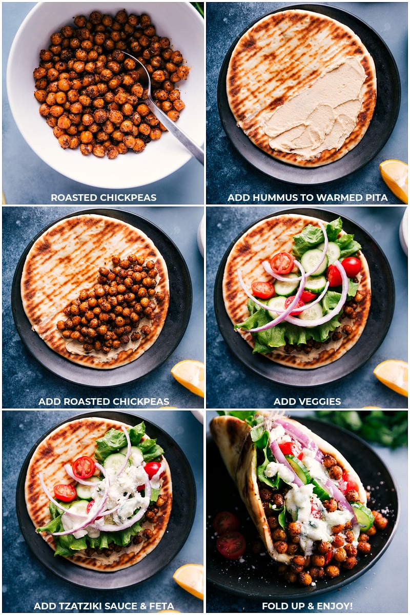 Process shots for making Vegetarian Gyros: Add hummus to warmed pita; add roasted chickpeas, veggies and Tzatziki sauce; fold and serve.