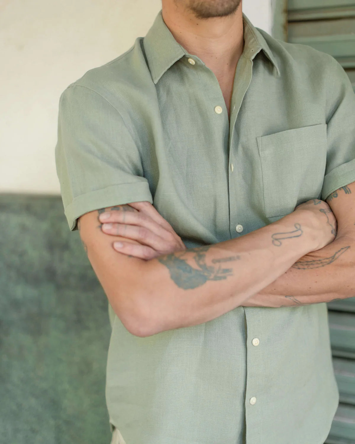 GREEN SHORT SLEEVE LINEN SHIRT