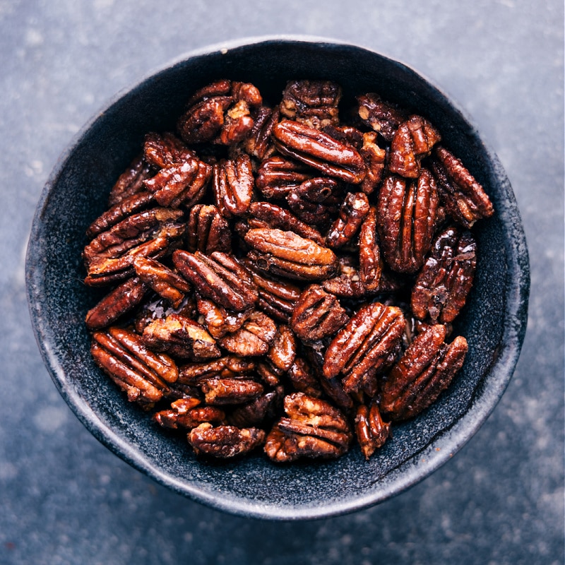 Up-close overhead image of the candied pecans